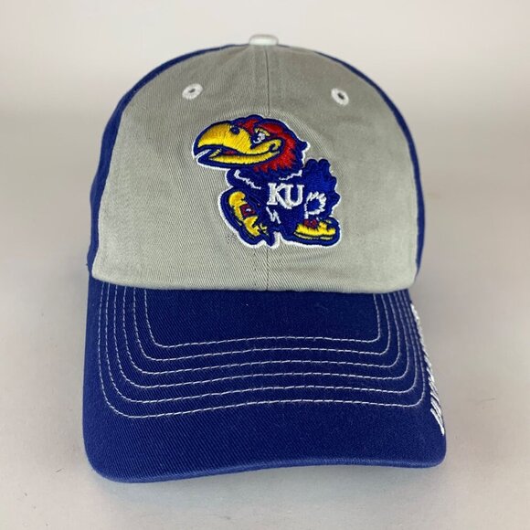 Kansas Jayhawks NCAA Blue Gray Fan Favorite Relaxed Fit Strapback Adjustable Hat - Picture 2 of 6